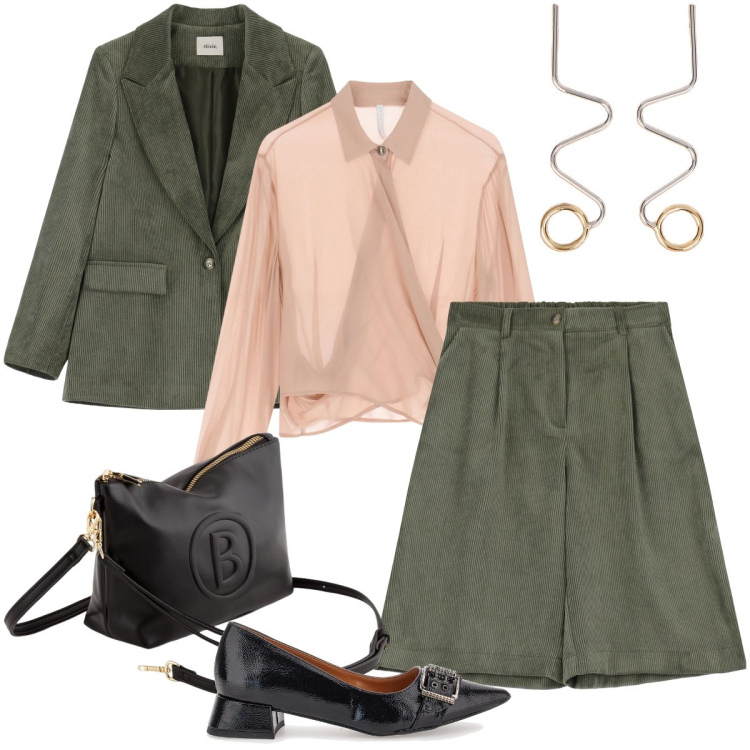 Outfit donna - Velluto a coste. Stile Bon Ton per Cerimonia. Abbinamento con camicie, blazer, bermuda, ballerine, orecchini, valigie.