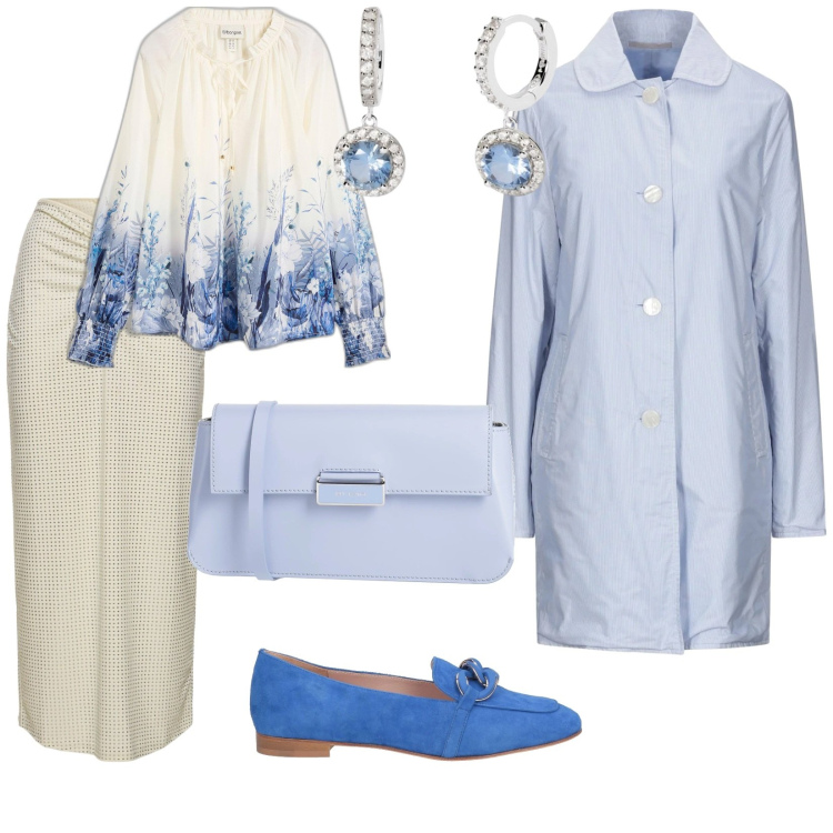 Outfit donna - Cerimonia in aprile. per Cerimonia. Abbinamento con bluse, trench, mocassini, borse a tracolla, orecchini, gonne longuette.