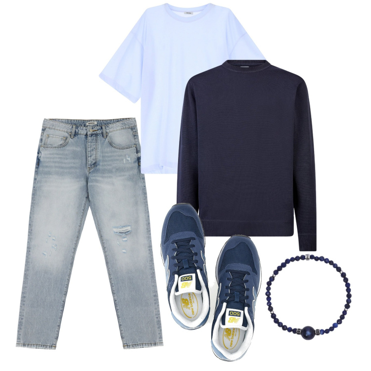 Outfit uomo - Blu. Stile Casual per Tutti i giorni. Abbinamento con braccialetti, t-shirt, jeans strappati, sneakers, maglieria.