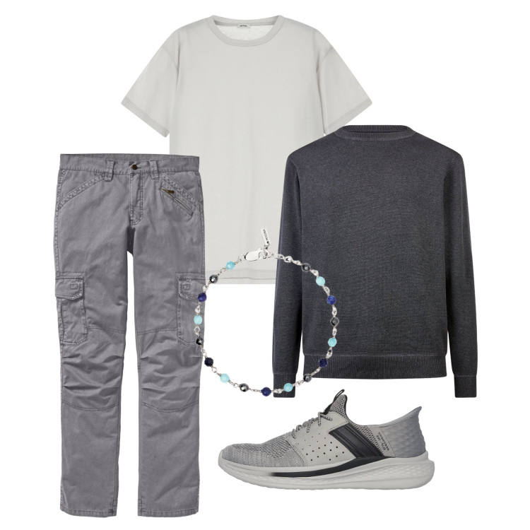 Outfit uomo - Grigio. Stile Casual per Tutti i giorni. Abbinamento con pantaloni cargo, braccialetti, t-shirt, sneakers, maglieria.
