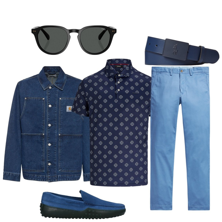 Outfit uomo - Colori primaverili. Stile Trendy per Ufficio. Abbinamento con scarpe stringate, occhiali da sole, pantaloni, cinture, polo, giacche.