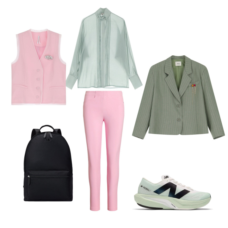 Outfit donna - Candy school. Stile Casual chic per Scuola/Università. Abbinamento con sneakers, gilet, blazer, camicie, zaini, pantaloni.