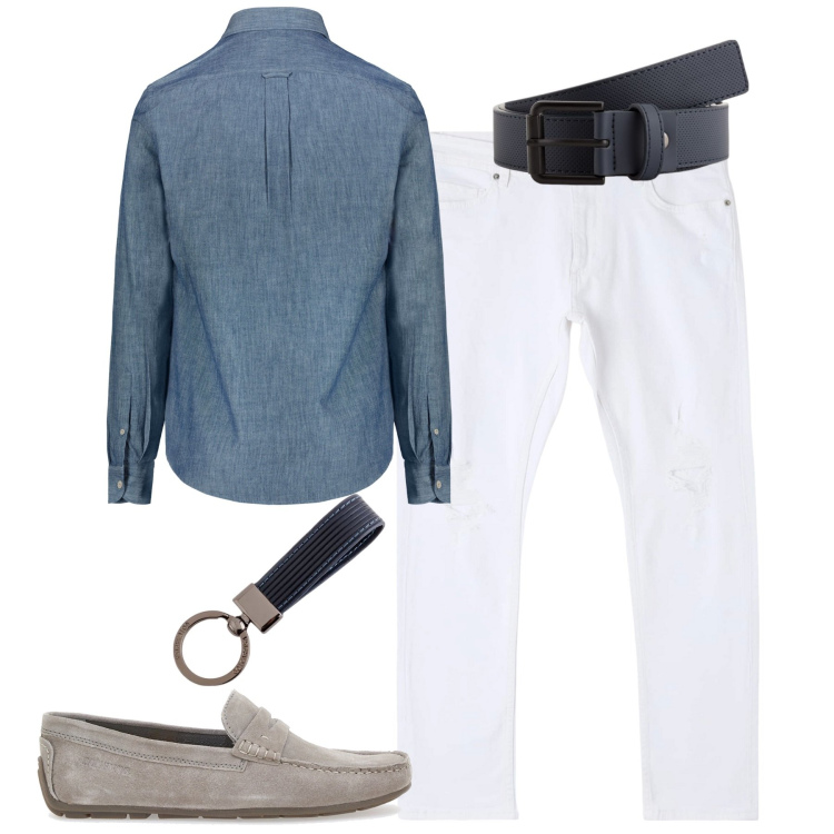 Outfit uomo - City. Stile Urban per Tutti i giorni. Abbinamento con jeans strappati, camicie, cinture, scarpe stringate, portachiavi.