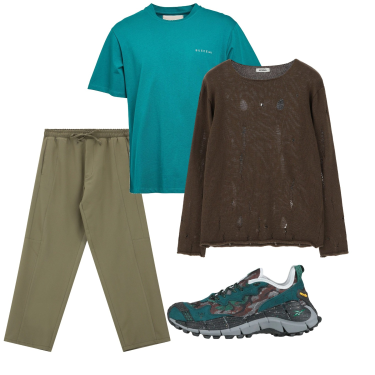 Outfit uomo - Relax mood. Stile Casual per Tutti i giorni. Abbinamento con sneakers, t-shirt, pantaloni cargo, maglieria.