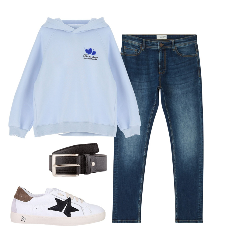 Outfit uomo - City. Stile Casual per Tutti i giorni. Abbinamento con jeans skinny, felpe con cappuccio, sneakers, cinture.