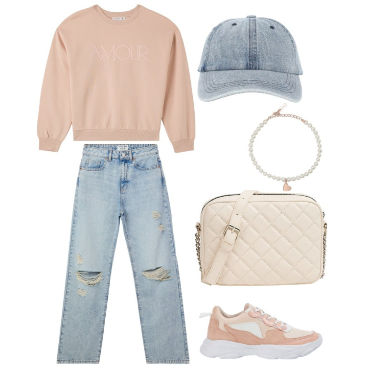 Outfit donna - Terranova style. Stile Urban per Tutti i giorni. Abbinamento con jeans strappati, cappelli con visiera, sneakers, felpe, borse a tracolla, braccialetti.