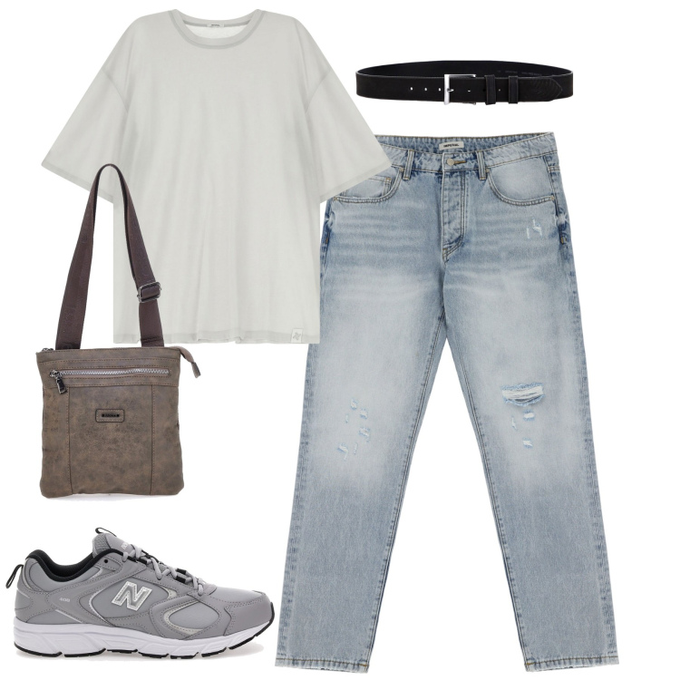 Outfit uomo - City. Stile Trendy per Tutti i giorni. Abbinamento con jeans strappati, t-shirt, cinture, portafogli, sneakers.