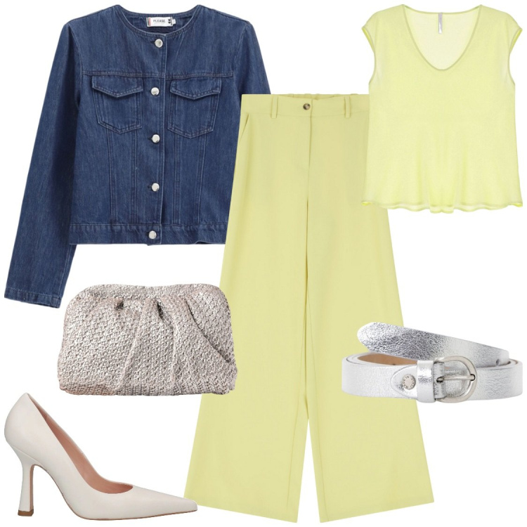Outfit donna - Riuso la pochette. Stile Glamour per Serata fuori. Abbinamento con décolleté, blazer, top, clutch, pantaloni a palazzo, cinture.