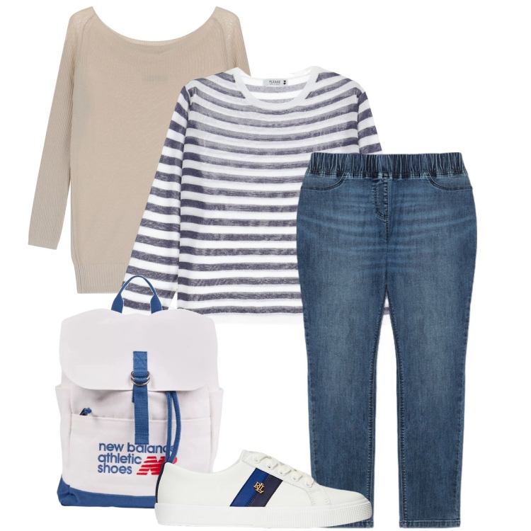 Outfit donna - Un’interrogazione importante. Stile Basic per Scuola/Università. Abbinamento con zaini, maglieria, pullovers, sneakers, jeggings.