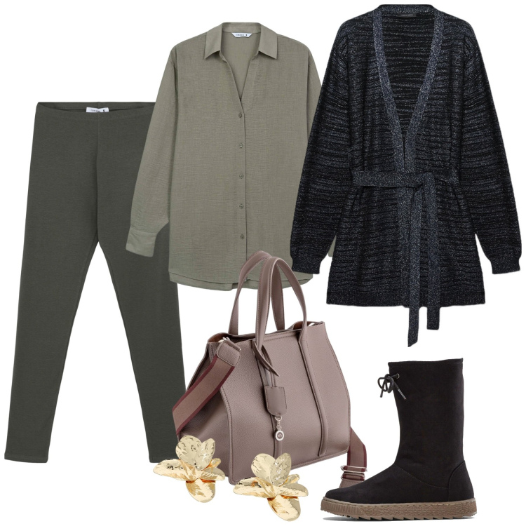 Outfit donna - 8 marzo - Emmeline Pankhurst. Stile Casual per Tutti i giorni. Abbinamento con stivali, leggings, camicie, orecchini, shopping bag, cardigans.