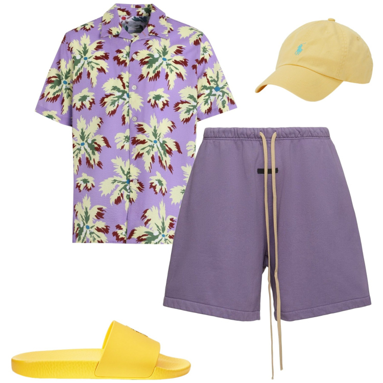Outfit uomo - Al mare. Stile Trendy per Mare. Abbinamento con camicie a manica corta, cappelli, sandali, shorts.