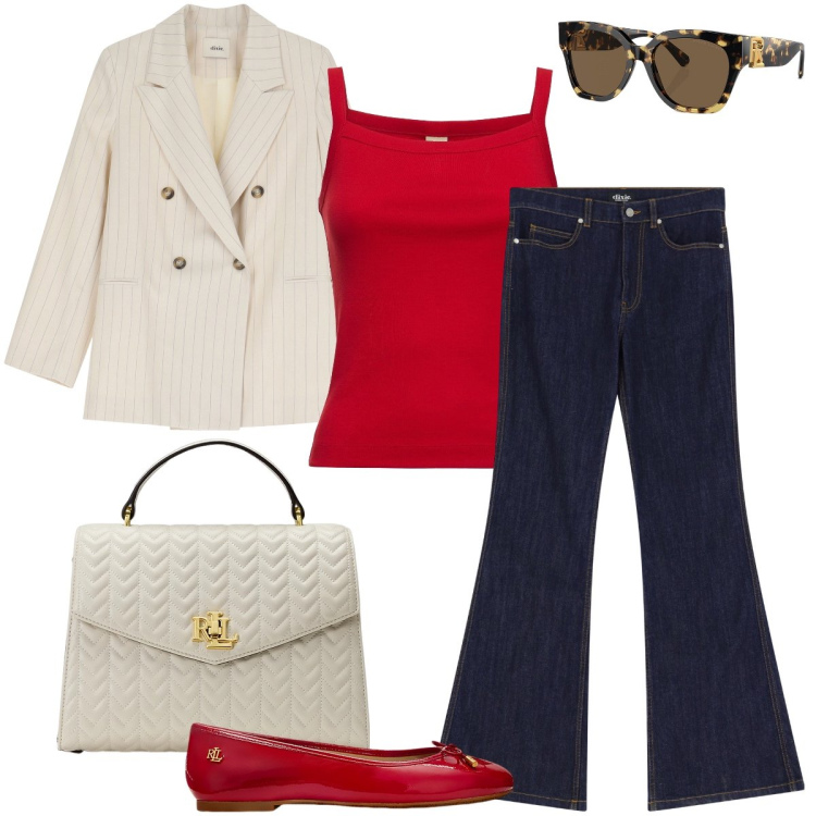 Outfit donna - Dettagli rossi. Stile Casual chic per Tutti i giorni. Abbinamento con jeans a zampa, blazer, occhiali da sole, ballerine, borse a mano, canottiere.