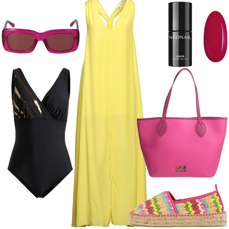 Outfit donna - E se andassi in spiaggia?. Stile Casual chic per Mare. Abbinamento con costumi interi, borse a spalla, vestiti lunghi, smalti, espadrillas, occhiali da sole.