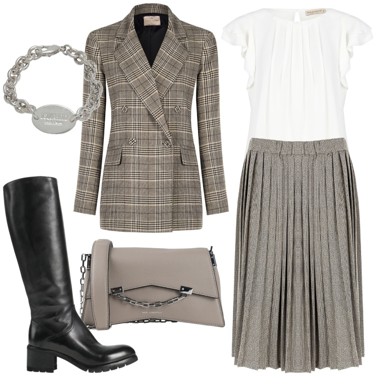 Outfit donna - Londinese. Stile Minimal per Ufficio. Abbinamento con stivali, braccialetti, borse a tracolla, bluse, blazer, gonne.