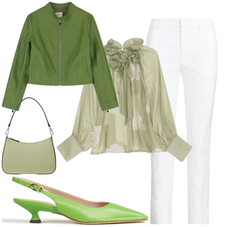 Outfit donna - Con blusa e giacchino in pelle. Stile Chic per Ufficio. Abbinamento con décolleté, bluse, giacche, borse a spalla, pantaloni.