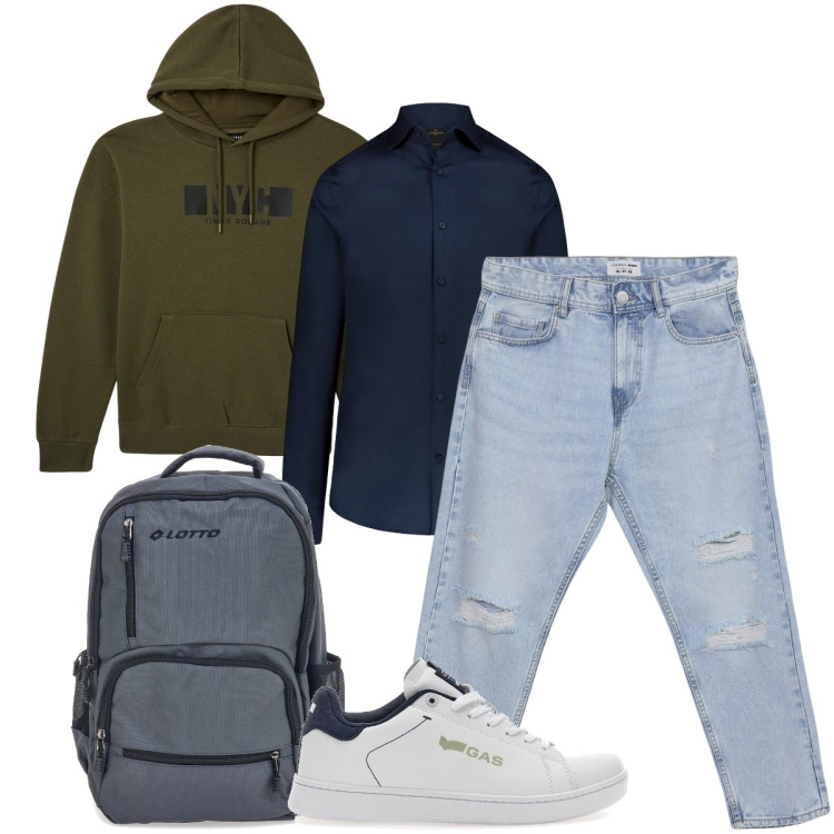 Outfit uomo - La felpa col cappuccio. Stile Casual per Tutti i giorni. Abbinamento con felpe con cappuccio, jeans strappati, camicie, sneakers, borse sportive.