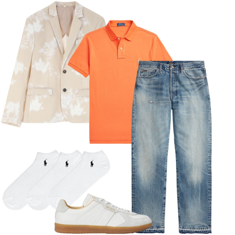 Outfit uomo - La polo arancione. Stile Urban per Tutti i giorni. Abbinamento con giacche, calzini, polo, jeans dritti, sneakers.