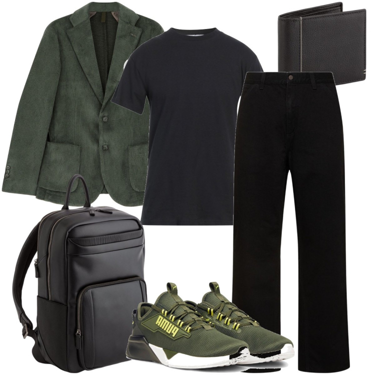 Outfit uomo - La giacca in velluto. Stile Trendy per Ufficio. Abbinamento con t-shirt, giacche, sneakers, jeans, borse sportive, portafogli.