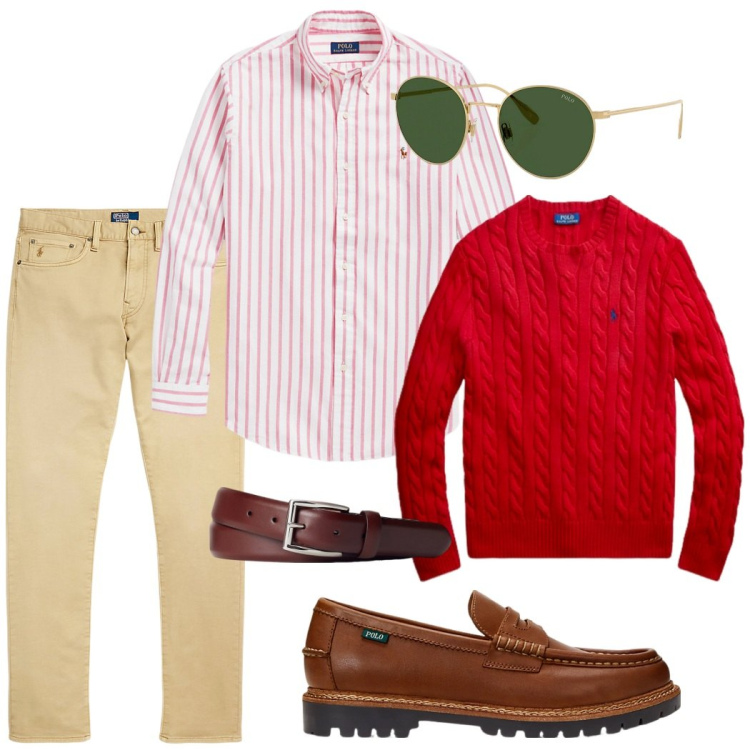 Outfit uomo - W le righe!. Stile Trendy per Tutti i giorni. Abbinamento con cinture, scarpe stringate, pantaloni chino, camicie, maglieria, occhiali da sole.