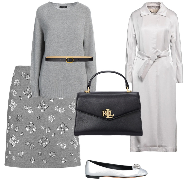 Outfit donna - Uscita con le amiche. per Serata fuori. Abbinamento con trench, ballerine, pullovers, borse a mano, cinture, minigonne.