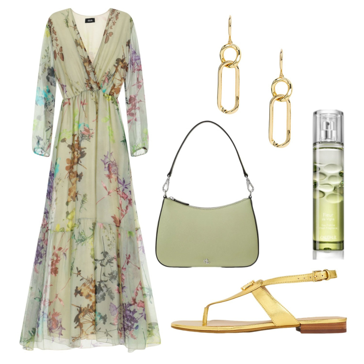 Outfit donna - In primavera un tocco di dolcezza!. Stile Romantica per Serata fuori. Abbinamento con profumi, vestiti lunghi, borse a spalla, sandali in pelle, orecchini.