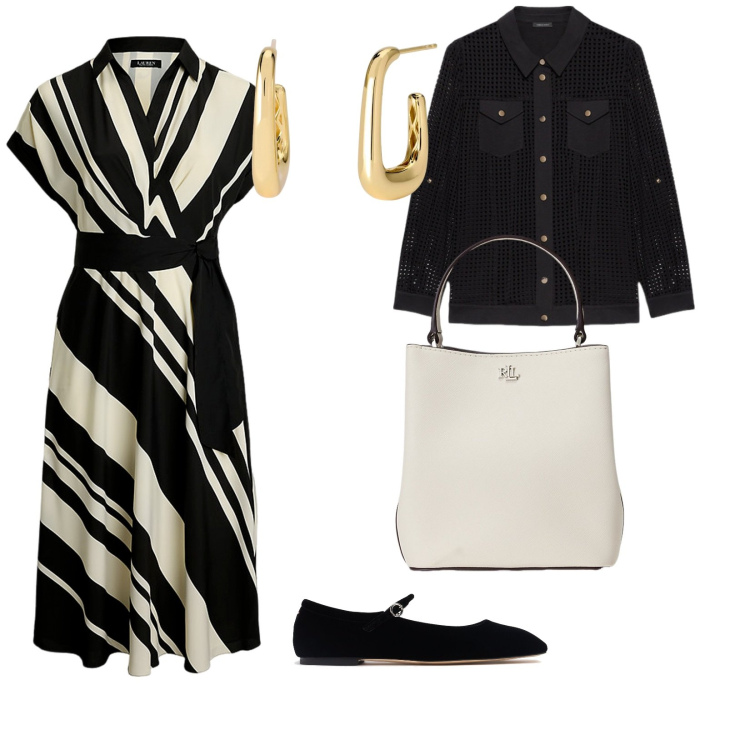 Outfit donna - In ufficio. per Ufficio. Abbinamento con orecchini, vestiti, borse a secchiello, camicie, ballerine.