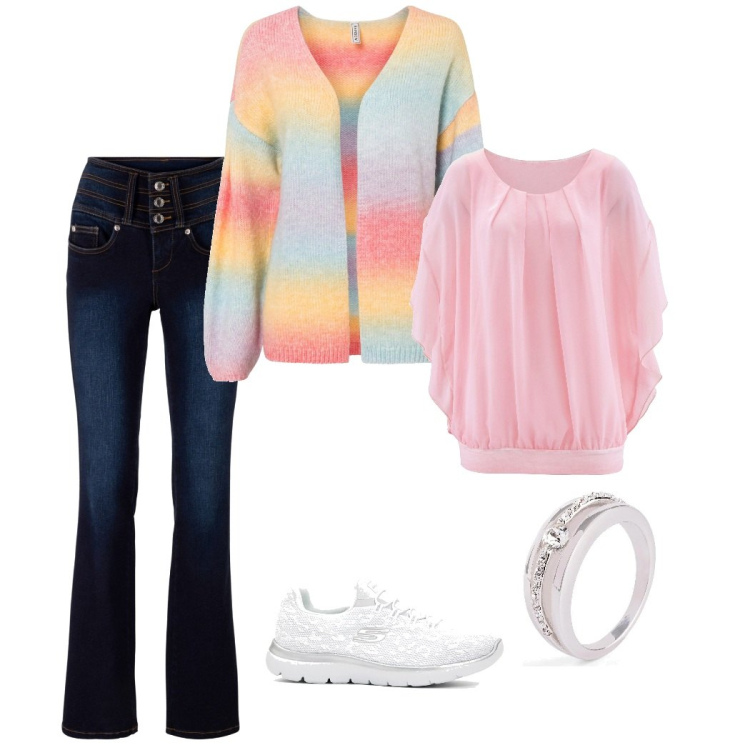 Outfit donna - Primavera Bomprix. Stile Casual per Tutti i giorni. Abbinamento con bluse, jeans bootcut, anelli, cardigans, sneakers.
