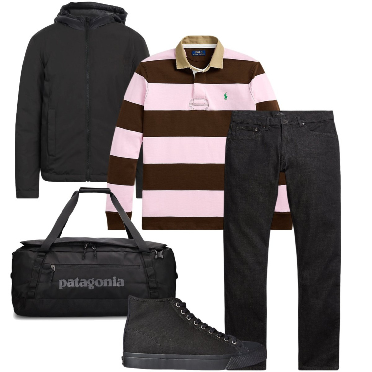 Outfit uomo - Stasera piscina. Stile Casual per Sport. Abbinamento con giacche, sneakers, maglieria, jeans, borse sportive.