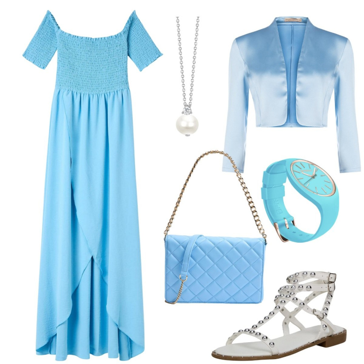 Outfit donna - La principessa azzurra. Stile Casual chic per Cerimonia. Abbinamento con vestiti lunghi, sandali, borse a tracolla, collane, bolero, orologi.