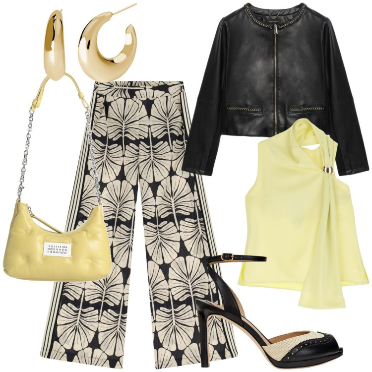 Outfit donna - Evento glamour. Stile Glamour per Serata fuori. Abbinamento con borse a spalla, orecchini, top, pantaloni a palazzo, sandali in pelle, blazer.