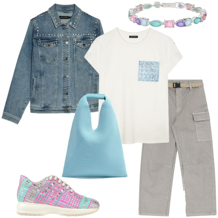 Outfit donna - True colors. Stile Casual per Tutti i giorni. Abbinamento con sneakers, braccialetti, pantaloni chino, t-shirt, borse a mano, blazer.