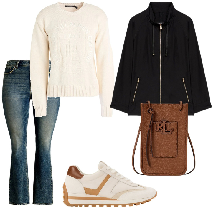 Outfit donna - Portare il cane in giro. per Tutti i giorni. Abbinamento con pullovers, borse a tracolla, sneakers, jeans bootcut, parka.