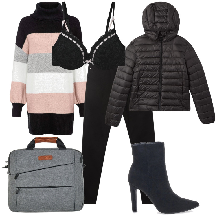 Outfit donna - Total look. Stile Urban per Ufficio. Abbinamento con maglieria, piumini, pantaloni, reggiseni push-up, stivaletti, borse a mano.