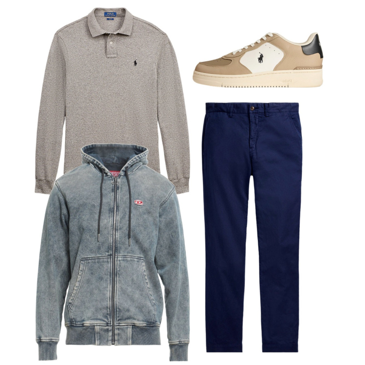 Outfit uomo - Casual. Stile Casual per Tutti i giorni. Abbinamento con felpe con cappuccio, polo, pantaloni, sneakers.