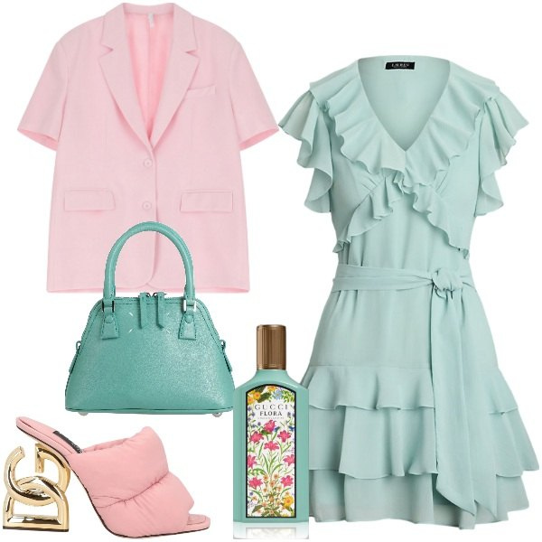 Outfit donna - Pastel Power. Stile Romantica per Cerimonia. Abbinamento con sandali in pelle, borse a mano, profumi, blazer, vestiti.