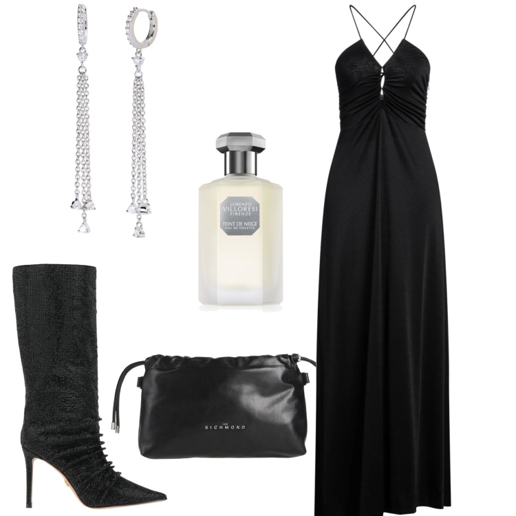 Outfit donna - Lo stivale da sera. Stile Sexy per Serata fuori. Abbinamento con stivali, vestiti lunghi, borse a mano, profumi, orecchini.