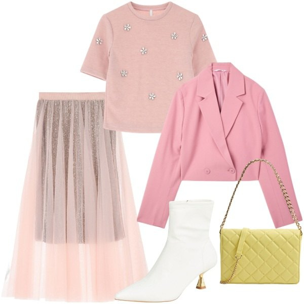 Outfit donna - Pastel Power. Stile Romantica per Tutti i giorni. Abbinamento con blazer, stivaletti, borse a tracolla, maglieria, gonne lunghe.