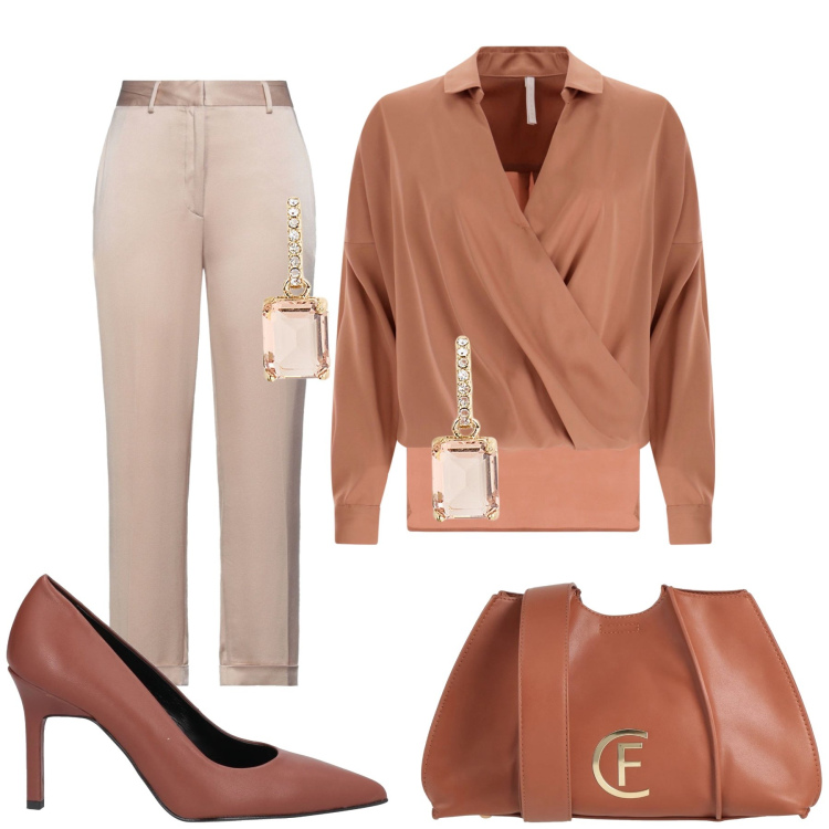 Outfit donna - Total look #2076795. Stile Glamour per Ufficio. Abbinamento con décolleté, pantaloni, borse a tracolla, bluse, orecchini.