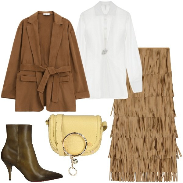 Outfit donna - Blazer di fine inverno. Stile Trendy per Ufficio. Abbinamento con stivaletti, borse a tracolla, camicie, gonne lunghe, blazer.