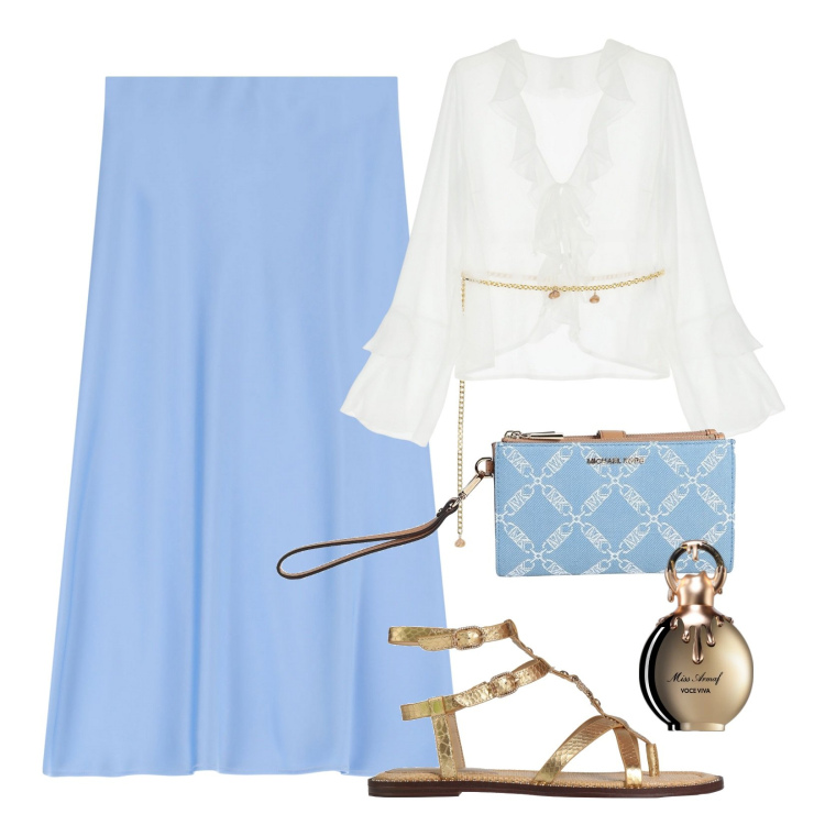 Outfit donna - Stile minimal e di tendenza!. Stile Minimal per Serata fuori. Abbinamento con portafogli, infradito, profumi, bluse, gonne longuette.