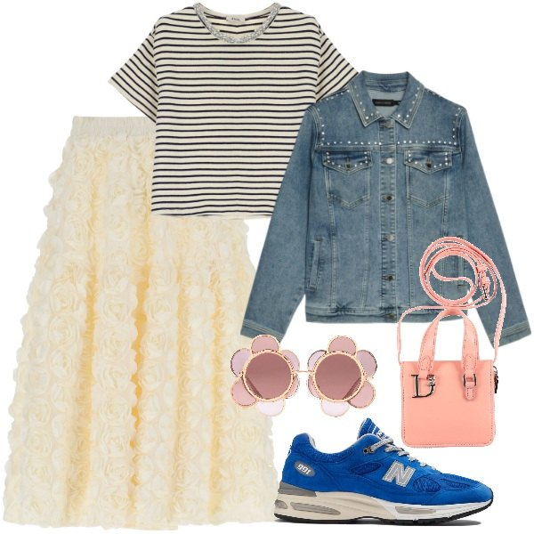 Outfit donna - Gonne midi per la primavera - FDCI. Stile Trendy per Tutti i giorni. Abbinamento con portafogli, occhiali da sole, sneakers, gonne, t-shirt, blazer.