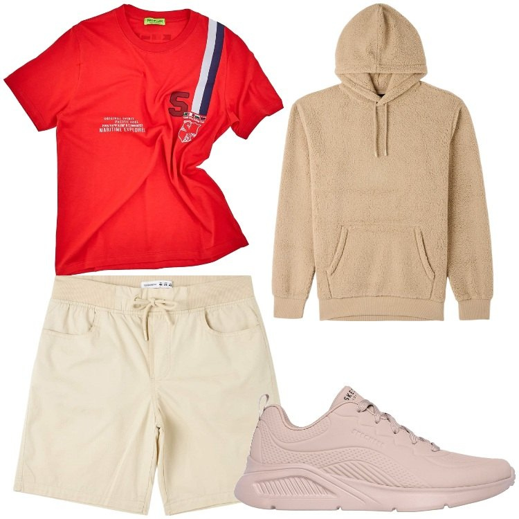 Outfit uomo - Tempo di sport. Stile Casual per Sport. Abbinamento con shorts, felpe con cappuccio, t-shirt, sneakers.