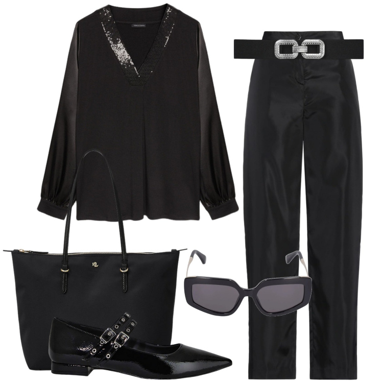 Outfit donna - Total black. Stile Casual chic per Tutti i giorni. Abbinamento con pantaloni, cinture, ballerine, borse tote, bluse, occhiali da sole.