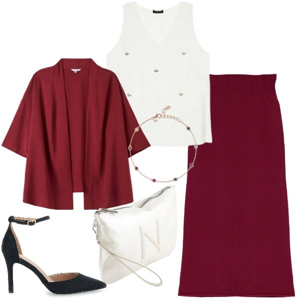 Outfit donna - Gonne midi per la primavera - FDCI. Stile Bon Ton per Cerimonia. Abbinamento con kimono, braccialetti, gonne longuette, décolleté, top, pochette.