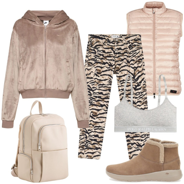 Outfit donna - Giornata libera. Stile Sporty chic per Tutti i giorni. Abbinamento con pantaloni chino, canottiere, piumini, stivaletti, felpe con cappuccio, zaini.