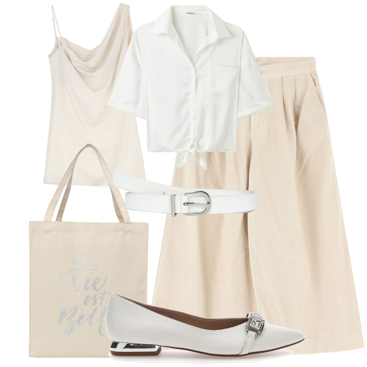 Outfit donna - Total white. Stile Urban per Tutti i giorni. Abbinamento con borse tote, camicie a manica corta, cinture, vestiti asimmetrici, pantaloni, ballerine.