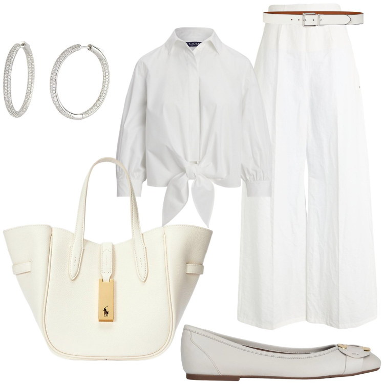 Outfit donna - Total white. Stile Casual chic per Tutti i giorni. Abbinamento con pantaloni, ballerine, orecchini, borse tote, cinture, camicie.
