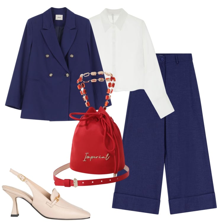 Outfit donna - City. Stile Urban per Tutti i giorni. Abbinamento con décolleté, borse a secchiello, camicie, blazer, pantaloni a palazzo.