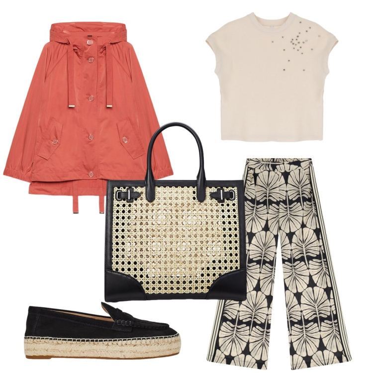Outfit donna - Donna di classe. Stile Casual chic per Ufficio. Abbinamento con t-shirt, pantaloni a palazzo, espadrillas, borse tote, parka.