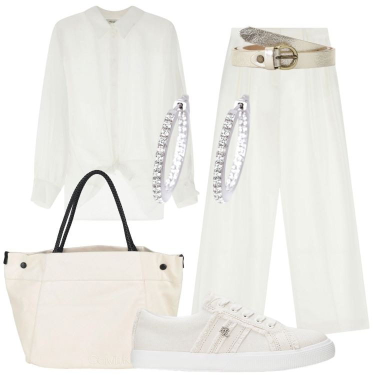 Outfit donna - Total white. Stile Casual chic per Tutti i giorni. Abbinamento con borse a mano, orecchini, pantaloni, camicie, cinture, sneakers.
